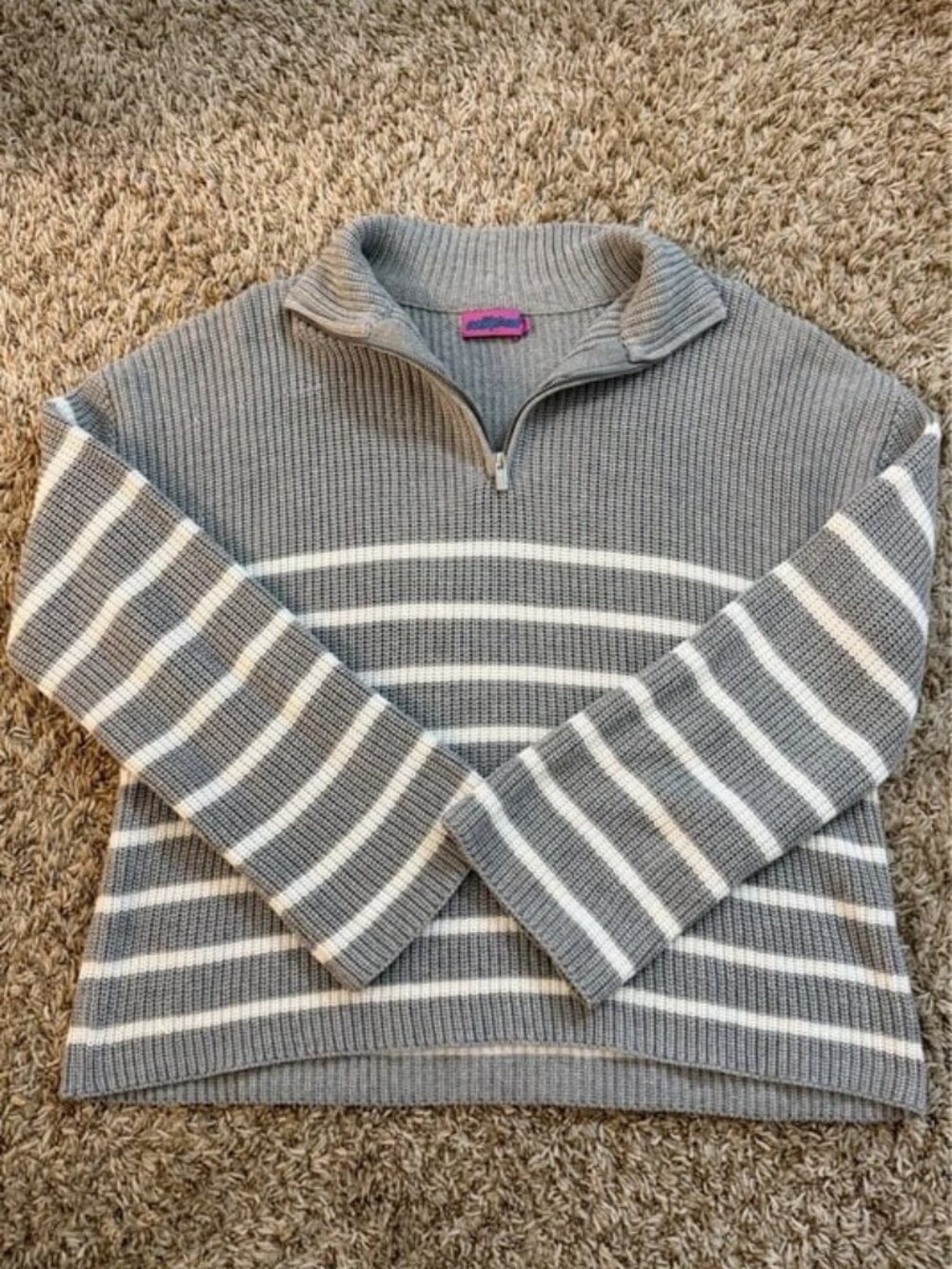 Gray & White Striped Quarter-Zip Knit Sweater Women’s S